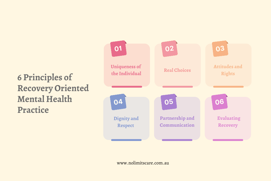 6 principles of recovery-oriented mental health practice: Uniqueness of the Individual, Real Choices, Attitudes and Rights,